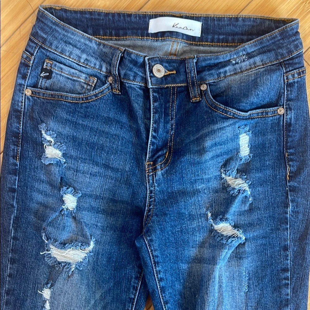 KanCan Ripped Medium-Dark Blue 7/27 Shark Bite Distressed Skinny Jeans - Picture 2 of 11